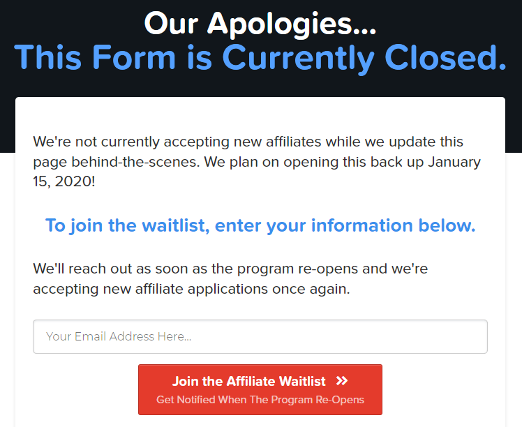 ClickFunnels Affiliate Sign Up Page - Waiting List Message
